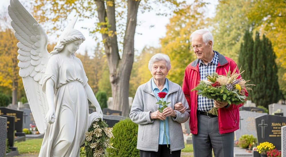 Ein Ehepaar steht auf einem Friedhof
