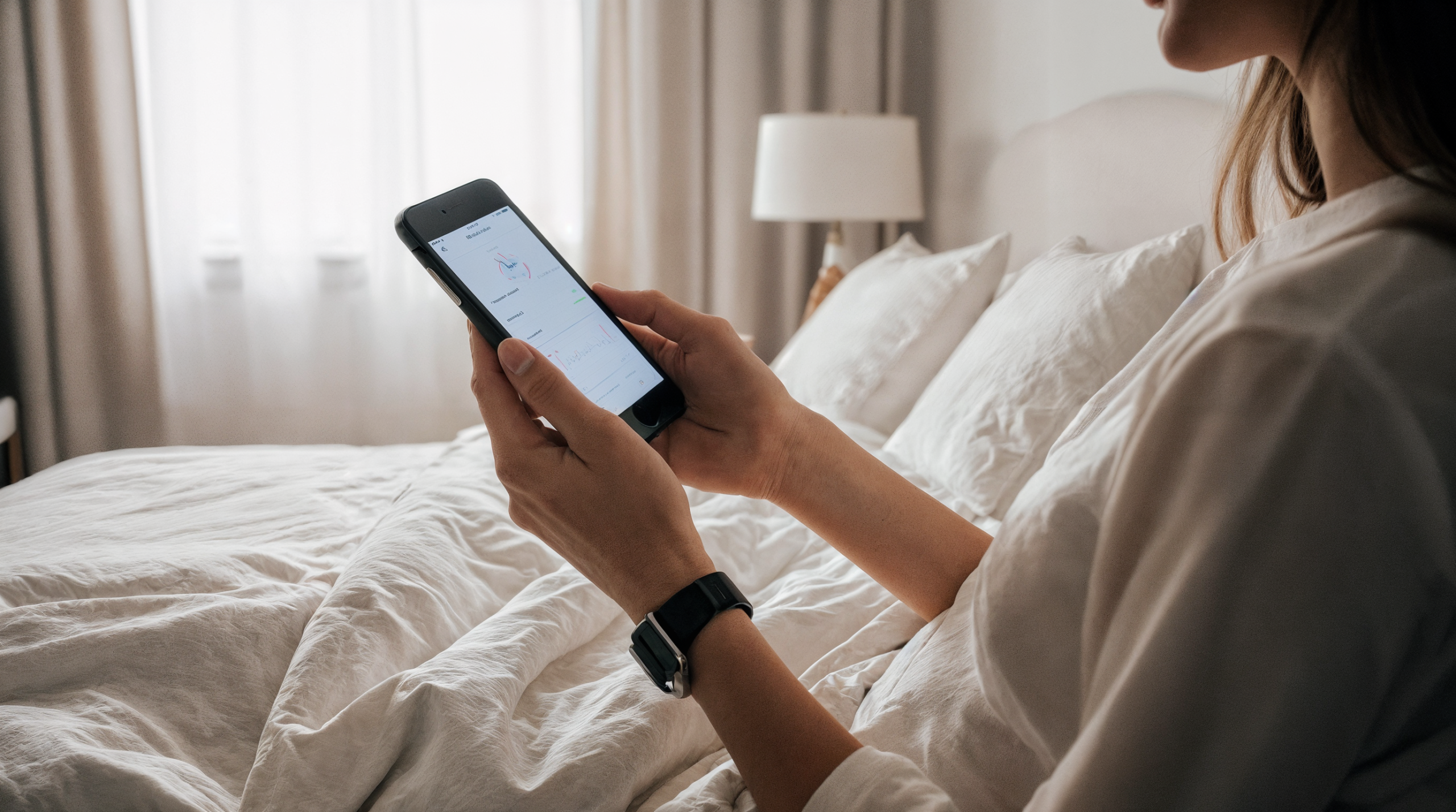 Frau sitzt im Bett und betrachtet Daten auf dem Smartphone in heller, gem&uuml;tlicher Schlafzimmerumgebung.