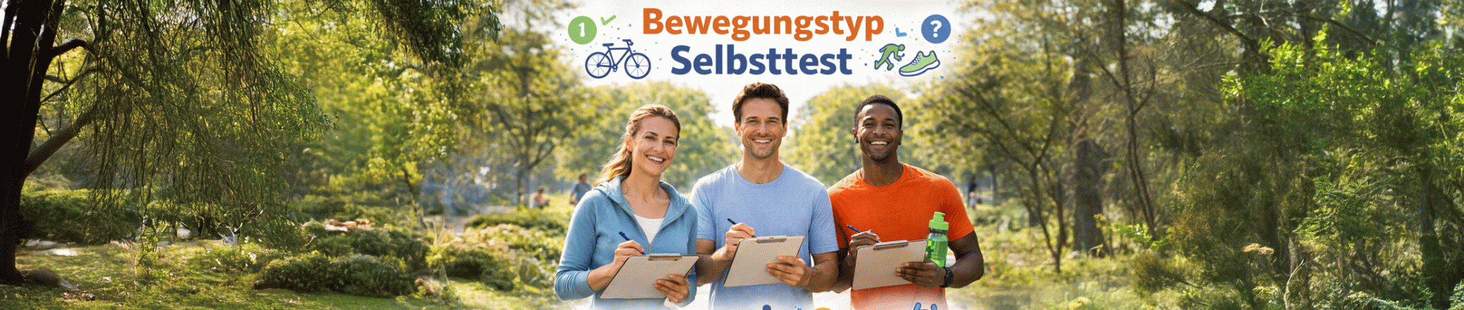 Drei Menschen stehen in einem gr&uuml;nen Park und f&uuml;llen l&auml;chelnd einen Bewegungs-Selbsttest auf Klemmbrettern aus. Die Szene wirkt freundlich, alltagsnah und motivierend.
