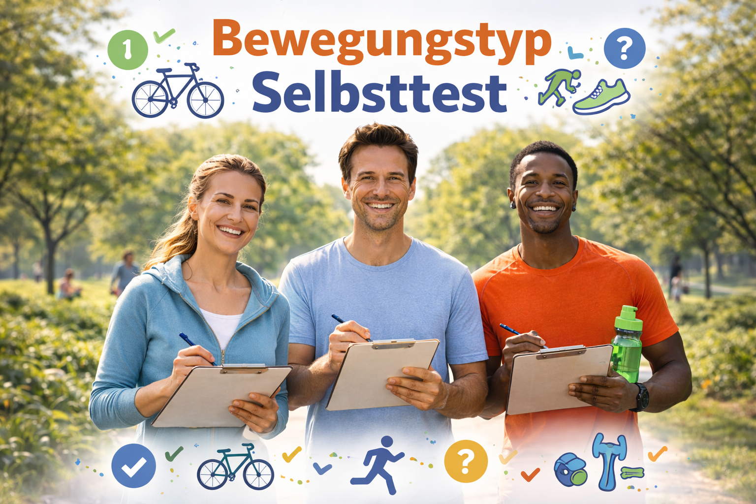 Drei Menschen stehen in einem gr&uuml;nen Park und f&uuml;llen l&auml;chelnd einen Bewegungs-Selbsttest auf Klemmbrettern aus. Die Szene wirkt freundlich, alltagsnah und motivierend.