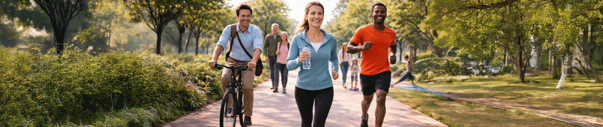 Ein sonniger Park mit Menschen in allt&auml;glicher Bewegung: Eine Frau geht z&uuml;gig mit Wasserflasche, neben ihr joggt ein Mann, links f&auml;hrt ein Mann entspannt Fahrrad. Im Hintergrund bewegen sich weitere Menschen unterschiedlichen Alters &ndash; spazierend, spielend oder dehnend &ndash; in einer gr&uuml;nen, lebendigen Umgebung.
