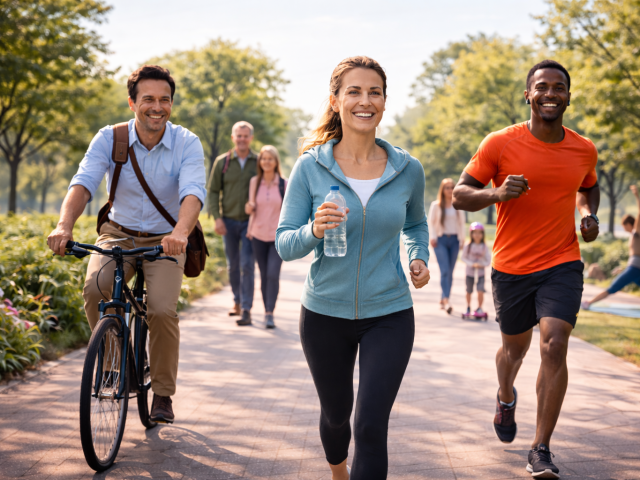 Ein sonniger Park mit Menschen in allt&auml;glicher Bewegung: Eine Frau geht z&uuml;gig mit Wasserflasche, neben ihr joggt ein Mann, links f&auml;hrt ein Mann entspannt Fahrrad. Im Hintergrund bewegen sich weitere Menschen unterschiedlichen Alters &ndash; spazierend, spielend oder dehnend &ndash; in einer gr&uuml;nen, lebendigen Umgebung.