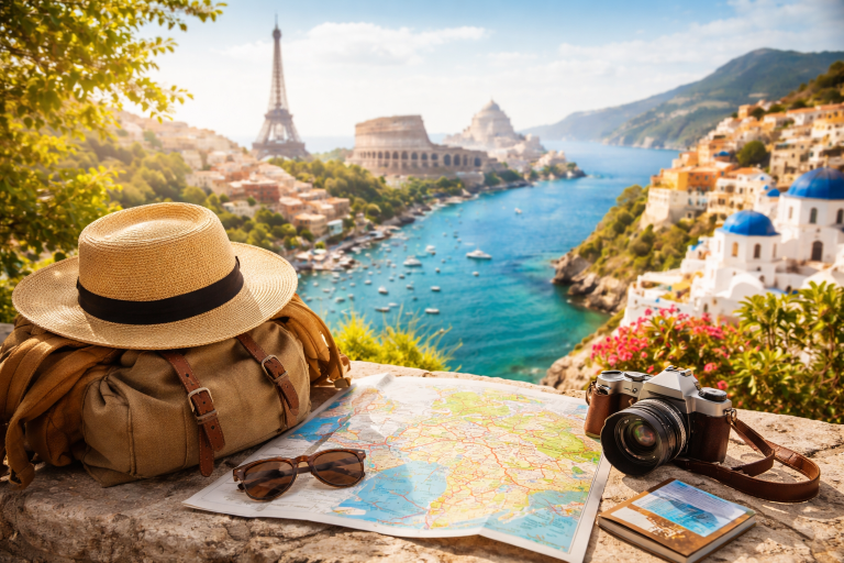 Reiseutensilien wie Rucksack, Hut, Kamera und Landkarte liegen auf einer Terrasse mit Blick auf eine mediterrane K&uuml;stenlandschaft und europ&auml;ische Wahrzeichen.