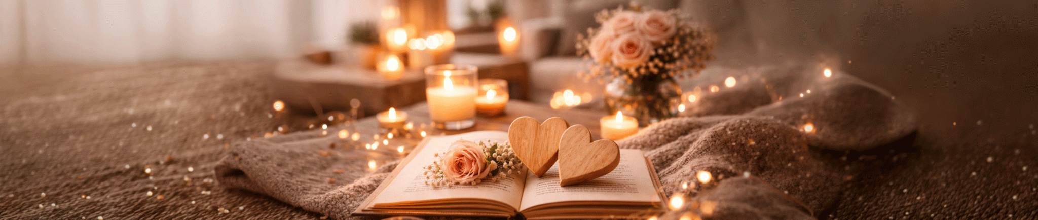 Zwei h&ouml;lzerne Herzformen liegen auf einem offenen Buch, umgeben von Kerzenlicht und Blumen in einer ruhigen Wohnatmosph&auml;re.