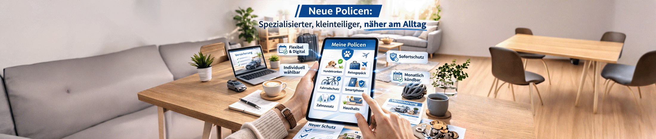 Person nutzt ein Tablet mit verschiedenen individuell w&auml;hlbaren Versicherungsoptionen in einer modernen Wohnumgebung.