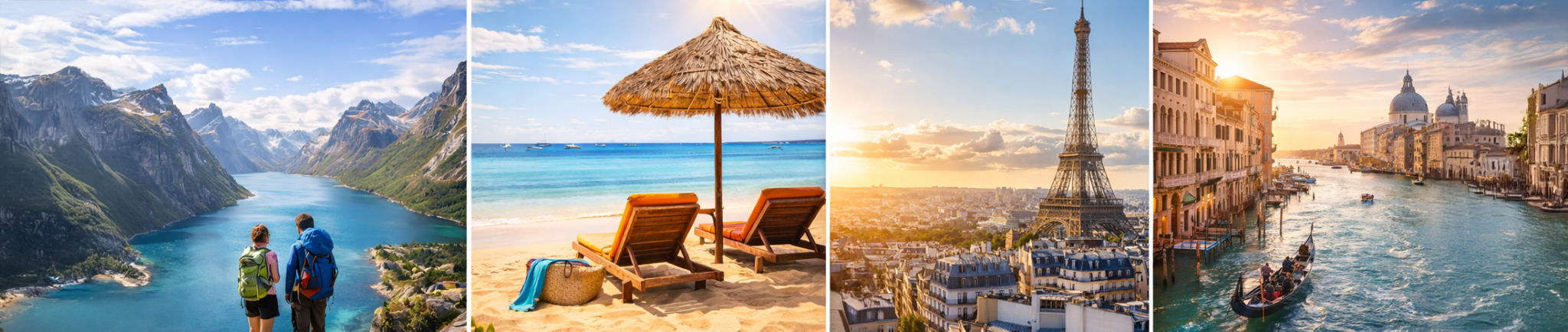 Collage aus vier Reiseszenen mit Berglandschaft, Strandurlaub, sonnigem St&auml;dtetrip und einer europ&auml;ischen Wasserstadt bei Abendlicht.