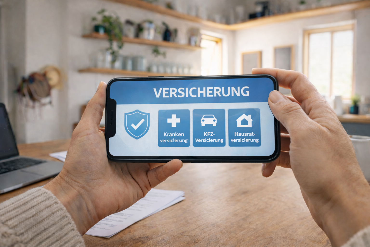 Person h&auml;lt ein iPhone im Querformat mit der Anzeige &bdquo;Versicherung&ldquo; sowie Icons f&uuml;r Krankenversicherung, KFZ-Versicherung und Hausratversicherung in einer hellen Wohnumgebung