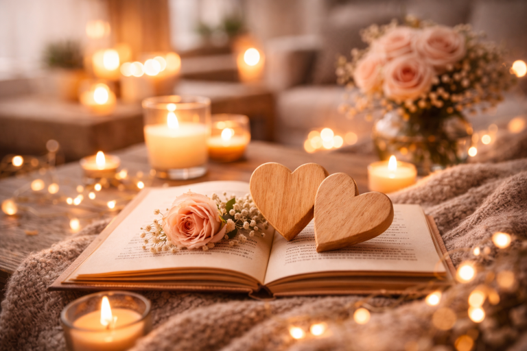 Zwei h&ouml;lzerne Herzformen liegen auf einem offenen Buch, umgeben von Kerzenlicht und Blumen in einer ruhigen Wohnatmosph&auml;re.