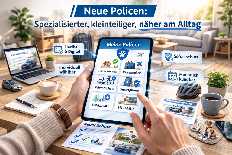 Person nutzt ein Tablet mit verschiedenen individuell w&auml;hlbaren Versicherungsoptionen in einer modernen Wohnumgebung.