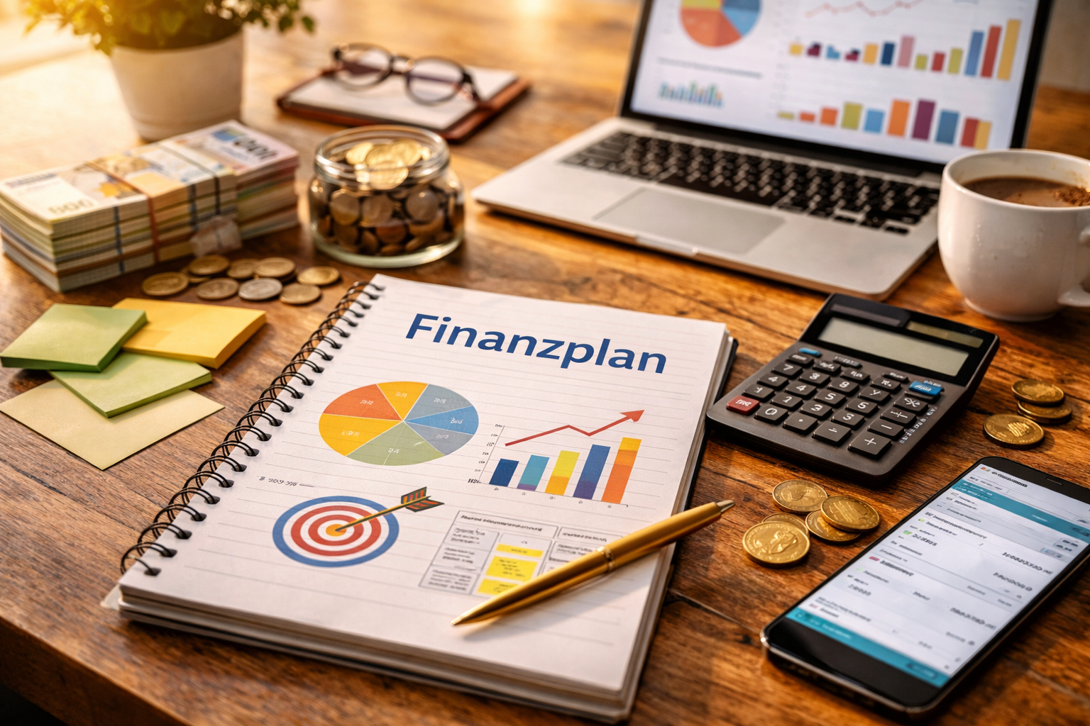 Finanzplan auf Notizbuch mit Diagrammen, daneben Rechner, Geld und Smartphone auf Holzschreibtisch