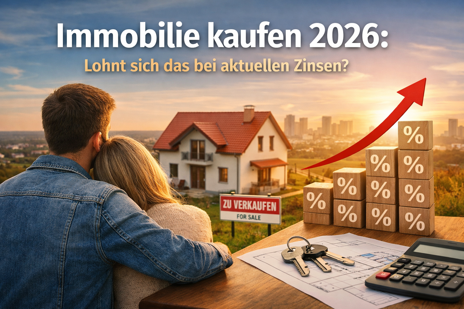 Paar blickt auf Einfamilienhaus mit Verkaufsschild, daneben Zinsgrafik und Finanzsymbole zum Thema Immobilie kaufen 2026