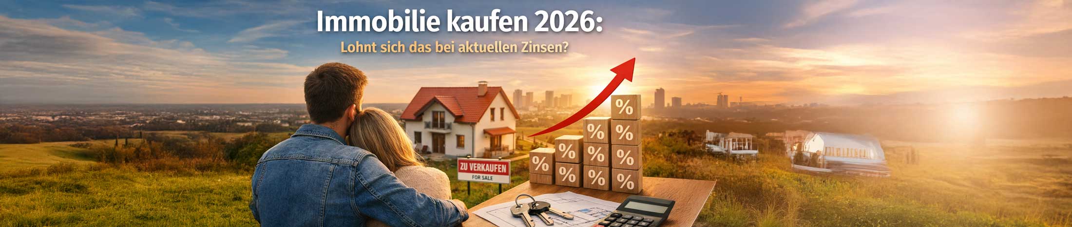 Paar blickt auf Einfamilienhaus mit Verkaufsschild, daneben Zinsgrafik und Finanzsymbole zum Thema Immobilie kaufen 2026