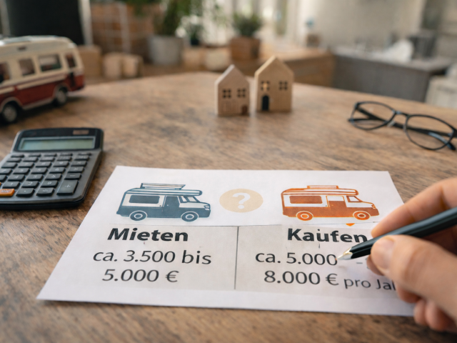 Kostenvergleich zwischen Camper mieten und kaufen mit Diagramm und schwarzem Stift