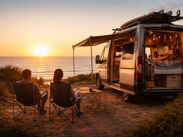 Paar sitzt vor einem ausgebauten Campervan und blickt bei Sonnenuntergang auf das Meer