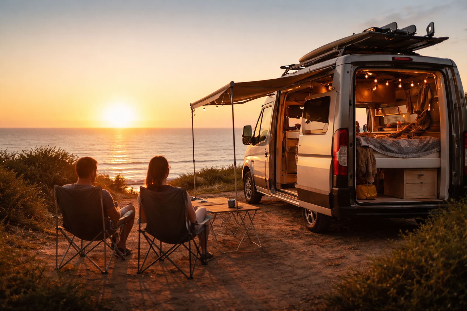 Paar sitzt vor einem ausgebauten Campervan und blickt bei Sonnenuntergang auf das Meer