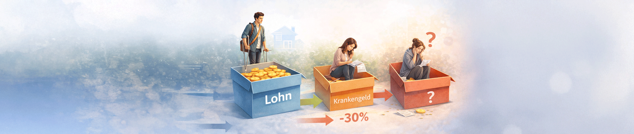 Drei Personen in aufeinanderfolgenden Szenen mit zunehmend weniger Geld in Kisten zeigen eine Verschlechterung der finanziellen Situation