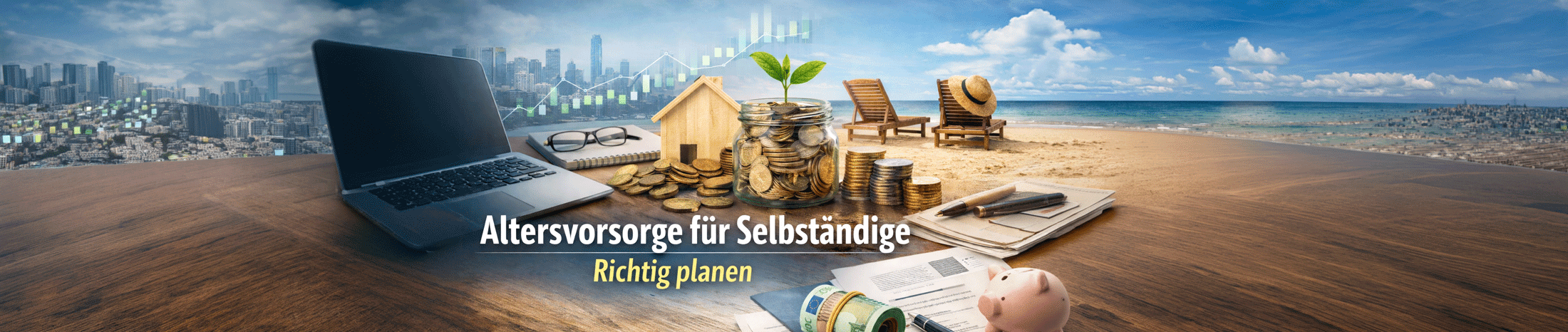 Altersvorsorge f&uuml;r Selbst&auml;ndige &ndash; Finanzplanung mit Laptop, Geld, Sparglas und Strandszene als Symbol f&uuml;r Ruhestand und finanzielle Sicherheit