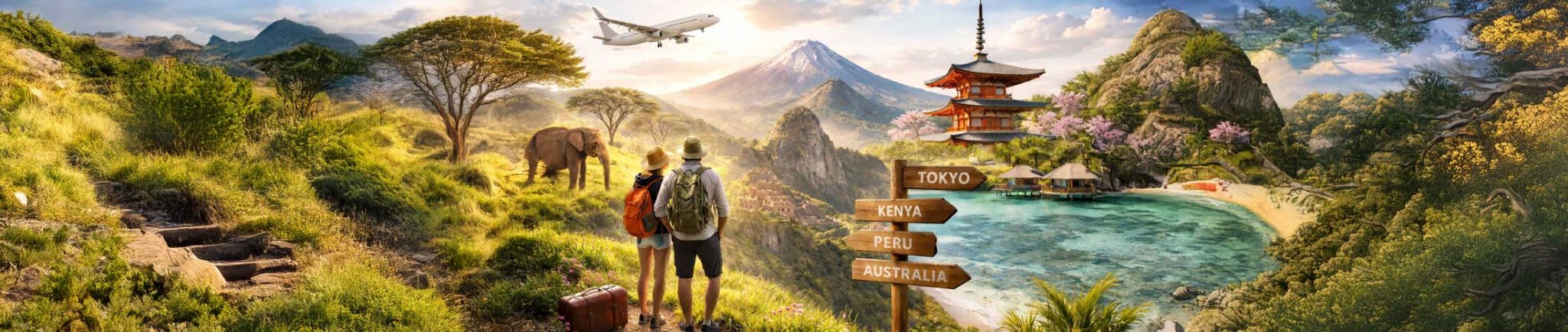 Zwei Rucksackreisende blicken auf eine fantasievolle Landschaft mit Berg, Pagode, Elefant, Strand und Wegweiser zu Reisezielen weltweit.