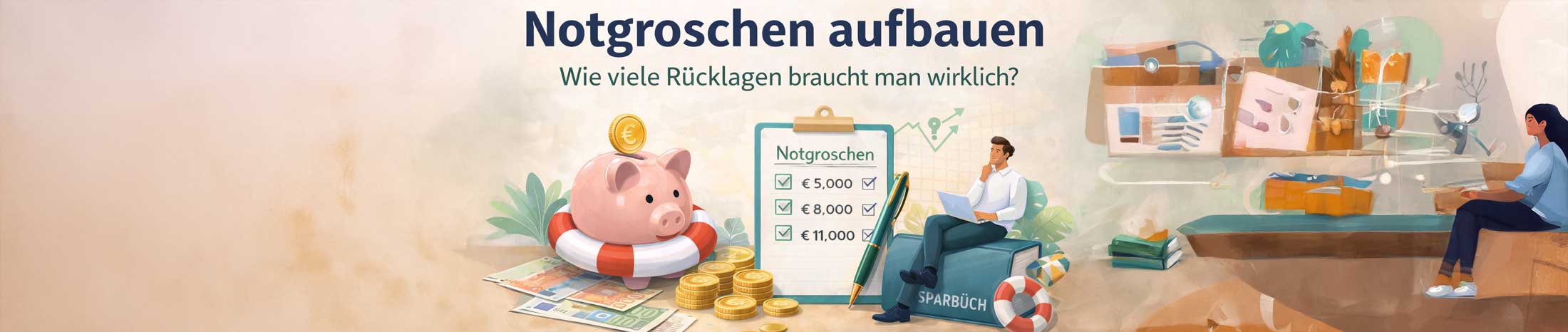 Illustration zum Notgroschen: Sparschwein mit M&uuml;nzen, Checkliste f&uuml;r R&uuml;cklagen und Person mit Laptop symbolisieren finanzielle Planung und Sicherheit