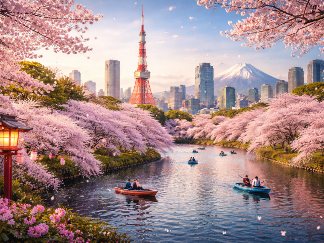 Kirschbl&uuml;ten entlang eines Flusses in Japan mit Booten, Tokyo Tower und Berg im Hintergrund.