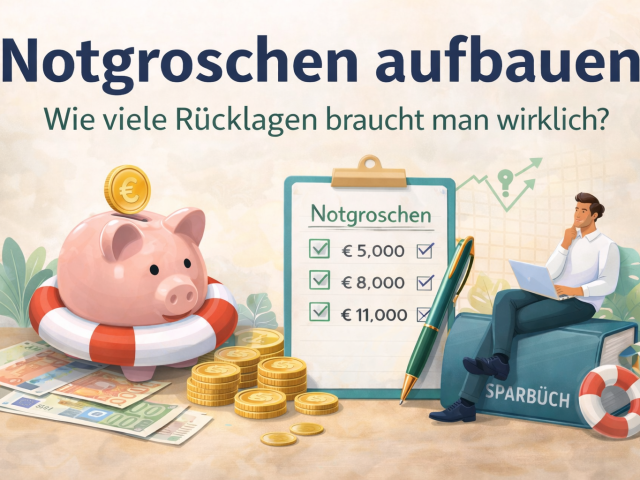 Illustration zum Notgroschen: Sparschwein mit M&uuml;nzen, Checkliste f&uuml;r R&uuml;cklagen und Person mit Laptop symbolisieren finanzielle Planung und Sicherheit