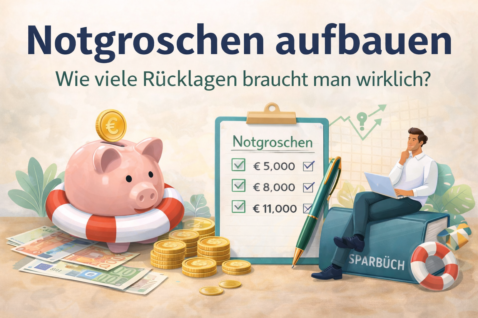 Illustration zum Notgroschen: Sparschwein mit M&uuml;nzen, Checkliste f&uuml;r R&uuml;cklagen und Person mit Laptop symbolisieren finanzielle Planung und Sicherheit