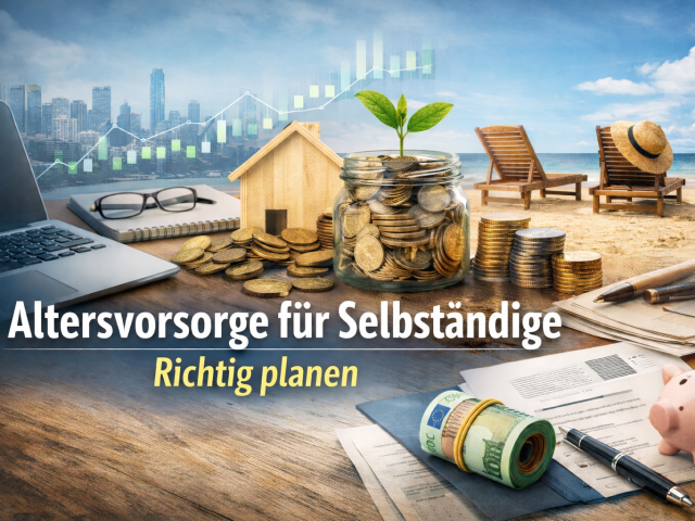Altersvorsorge f&uuml;r Selbst&auml;ndige &ndash; Finanzplanung mit Laptop, Geld, Sparglas und Strandszene als Symbol f&uuml;r Ruhestand und finanzielle Sicherheit