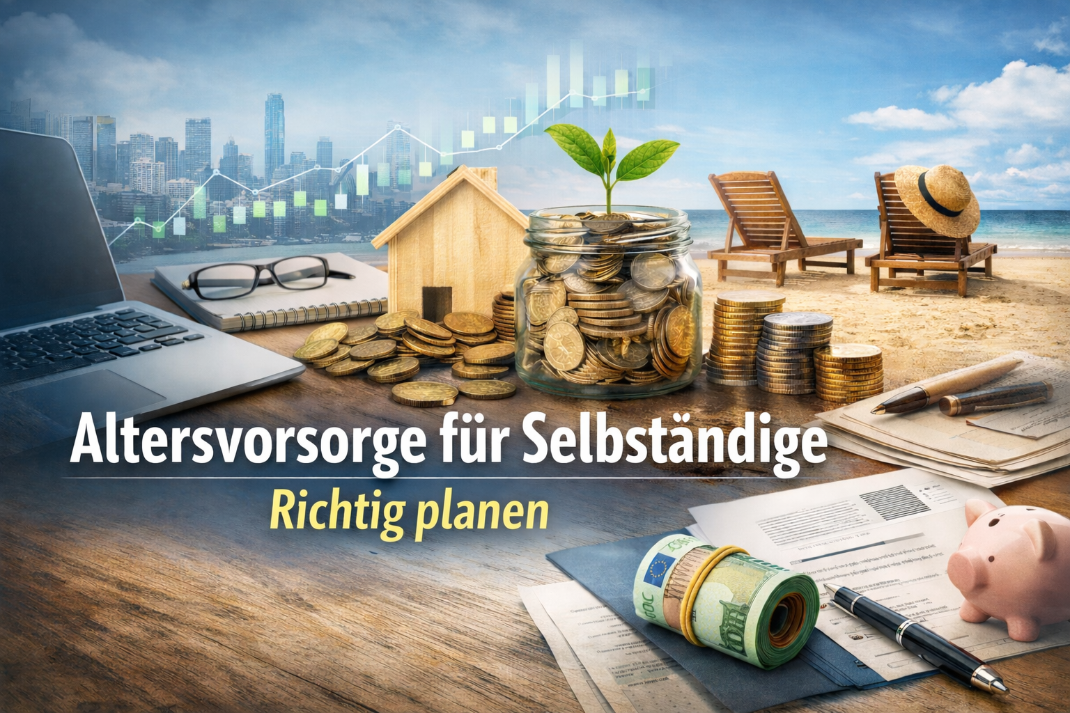 Altersvorsorge f&uuml;r Selbst&auml;ndige &ndash; Finanzplanung mit Laptop, Geld, Sparglas und Strandszene als Symbol f&uuml;r Ruhestand und finanzielle Sicherheit