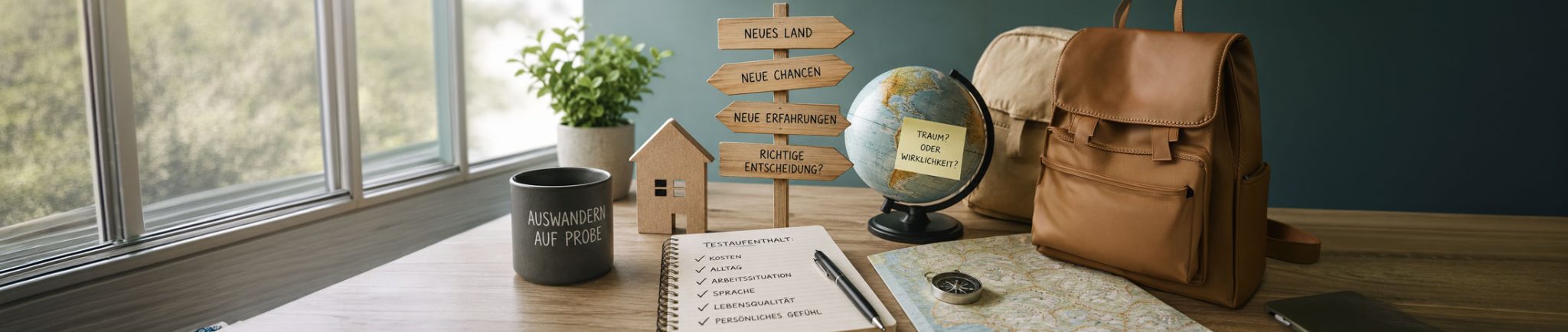 Warmes Titelbild zum Thema &bdquo;Auswandern auf Probe&ldquo; mit Notizbuch, Weltkarte, Kompass, Kaffeebecher, Strohhut und Reiseaccessoires auf einem Holztisch.