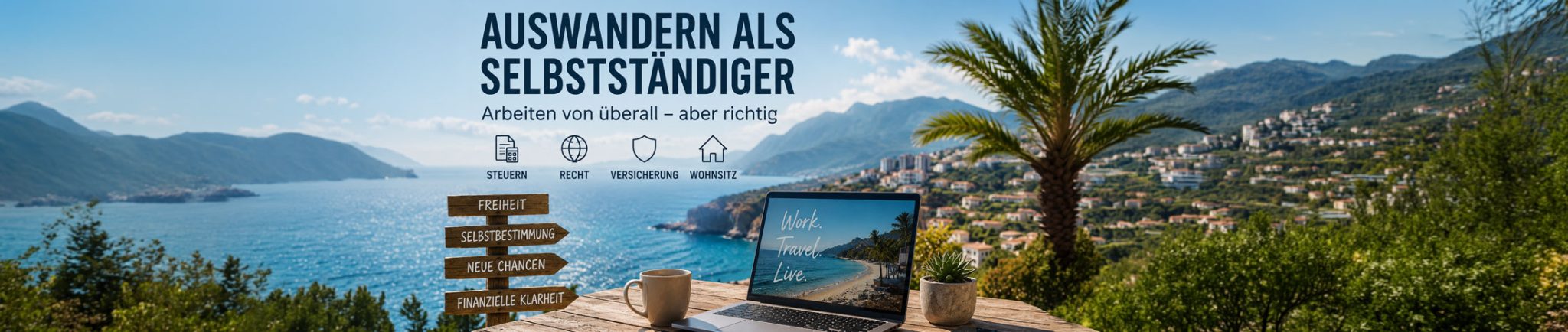 Helles mediterranes Homeoffice mit Meerblick: Auf einem Holztisch liegen Laptop, Unterlagen, Notizbuch, Taschenrechner, Reisepass, Schlüssel und eine Karte von Zypern, im Hintergrund stehen ein offener Koffer und eine sonnige Terrasse.