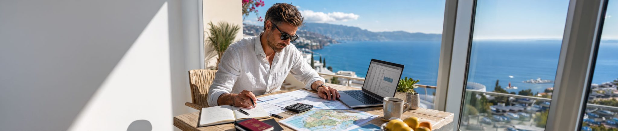 Helles mediterranes Homeoffice mit Meerblick: Auf einem Holztisch liegen Laptop, Unterlagen, Notizbuch, Taschenrechner, Reisepass, Schlüssel und eine Karte von Zypern, im Hintergrund stehen ein offener Koffer und eine sonnige Terrasse.