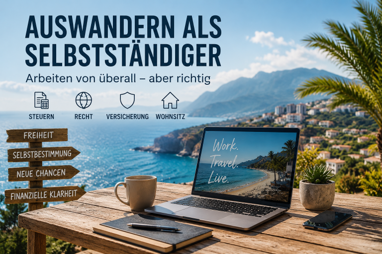 Helles mediterranes Homeoffice mit Meerblick: Auf einem Holztisch liegen Laptop, Unterlagen, Notizbuch, Taschenrechner, Reisepass, Schlüssel und eine Karte von Zypern, im Hintergrund stehen ein offener Koffer und eine sonnige Terrasse.