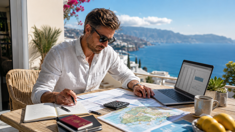 Helles mediterranes Homeoffice mit Meerblick: Auf einem Holztisch liegen Laptop, Unterlagen, Notizbuch, Taschenrechner, Reisepass, Schlüssel und eine Karte von Zypern, im Hintergrund stehen ein offener Koffer und eine sonnige Terrasse.