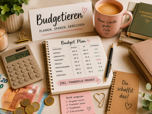 Offenes Budget-Notizbuch auf einem Holztisch mit Einnahmen, Ausgaben und Diagramm, daneben Taschenrechner, Euro-Scheine, M&uuml;nzen, Kaffeetasse, Pflanze, Stift und Notizzettel.