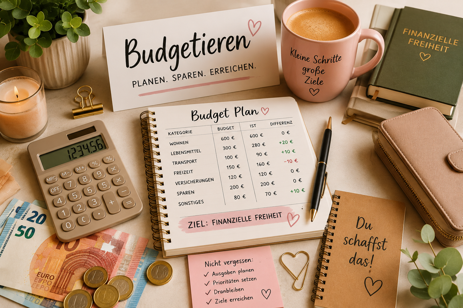 Offenes Budget-Notizbuch auf einem Holztisch mit Einnahmen, Ausgaben und Diagramm, daneben Taschenrechner, Euro-Scheine, M&uuml;nzen, Kaffeetasse, Pflanze, Stift und Notizzettel.