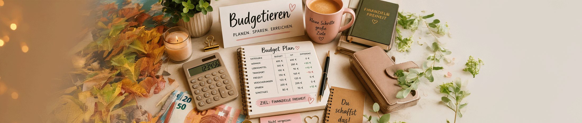 Offenes Budget-Notizbuch auf einem Holztisch mit Einnahmen, Ausgaben und Diagramm, daneben Taschenrechner, Euro-Scheine, M&uuml;nzen, Kaffeetasse, Pflanze, Stift und Notizzettel.