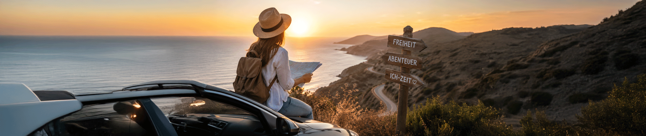 Frau sitzt bei Sonnenuntergang auf einem Auto an einer K&uuml;stenstra&szlig;e, h&auml;lt eine Karte in der Hand und blickt auf das Meer. Daneben steht ein Holzschild mit den Worten Freiheit, Abenteuer und Ich-Zeit.