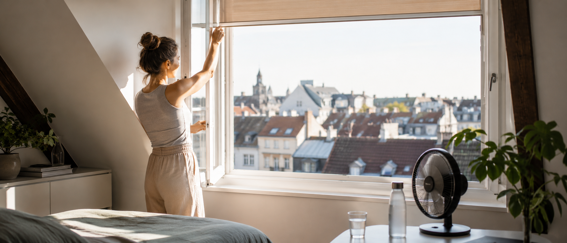 Person &ouml;ffnet in einer Dachgeschosswohnung am Morgen das Fenster, daneben stehen Ventilator, Wasserflasche und Glas gegen die Sommerhitze.