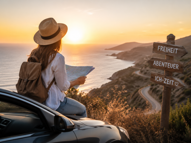 Frau sitzt bei Sonnenuntergang auf einem Auto an einer K&uuml;stenstra&szlig;e, h&auml;lt eine Karte in der Hand und blickt auf das Meer. Daneben steht ein Holzschild mit den Worten Freiheit, Abenteuer und Ich-Zeit.