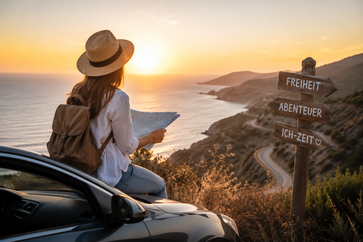 Frau sitzt bei Sonnenuntergang auf einem Auto an einer K&uuml;stenstra&szlig;e, h&auml;lt eine Karte in der Hand und blickt auf das Meer. Daneben steht ein Holzschild mit den Worten Freiheit, Abenteuer und Ich-Zeit.