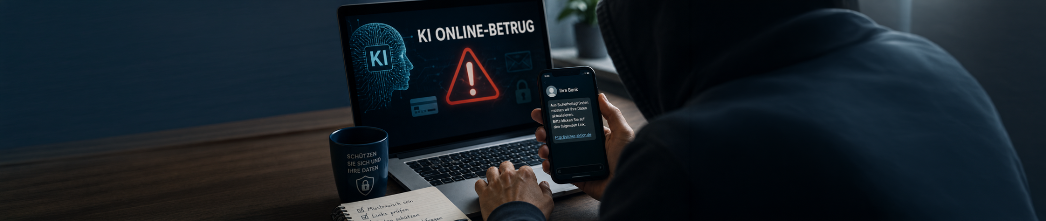 Vermummte Person sitzt mit Smartphone und Laptop an einem Tisch; auf dem Bildschirm steht &bdquo;KI Online-Betrug&ldquo; und warnt vor digitalem Betrug.