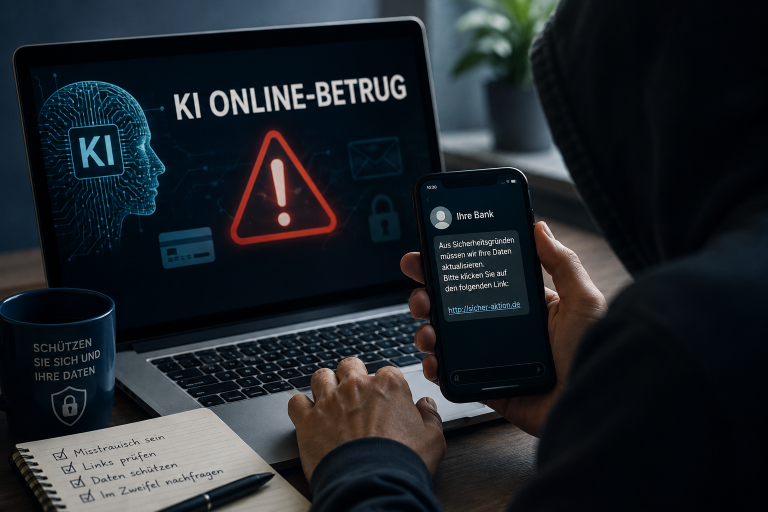 Vermummte Person sitzt mit Smartphone und Laptop an einem Tisch; auf dem Bildschirm steht &bdquo;KI Online-Betrug&ldquo; und warnt vor digitalem Betrug.