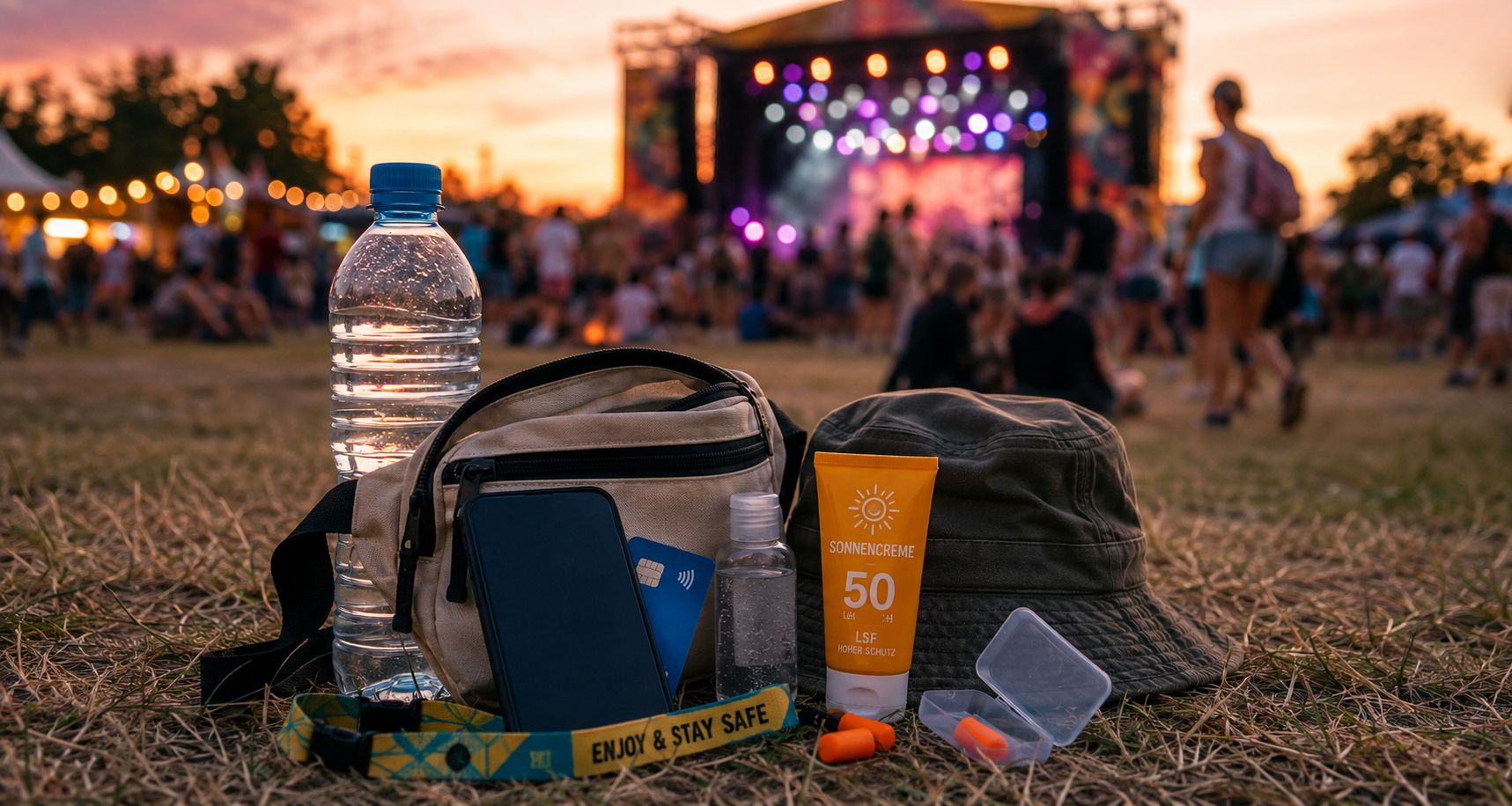 Festival-Essentials auf einer Wiese vor einer unscharfen Konzertb&uuml;hne bei Sonnenuntergang: Wasserflasche, Bauchtasche, Smartphone, Bankkarte, Desinfektionsmittel, Sonnencreme, Hut und Ohrst&ouml;psel.