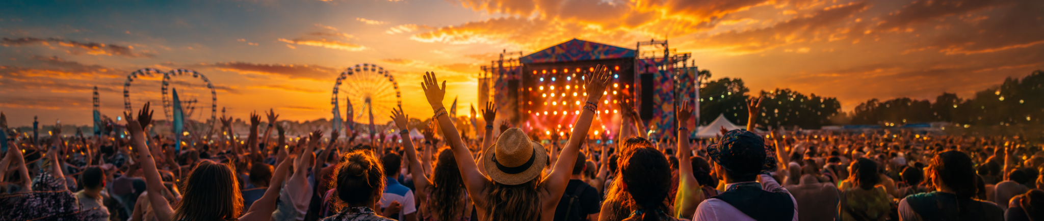Festivalbesucher feiern bei Sonnenuntergang vor einer beleuchteten B&uuml;hne, w&auml;hrend im Hintergrund ein Riesenrad und zahlreiche erhobene H&auml;nde zu sehen sind.