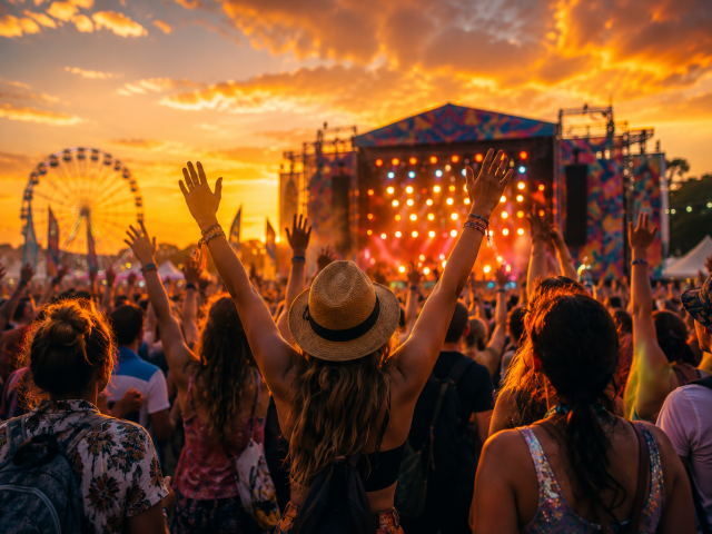 Festivalbesucher feiern bei Sonnenuntergang vor einer beleuchteten B&uuml;hne, w&auml;hrend im Hintergrund ein Riesenrad und zahlreiche erhobene H&auml;nde zu sehen sind.
