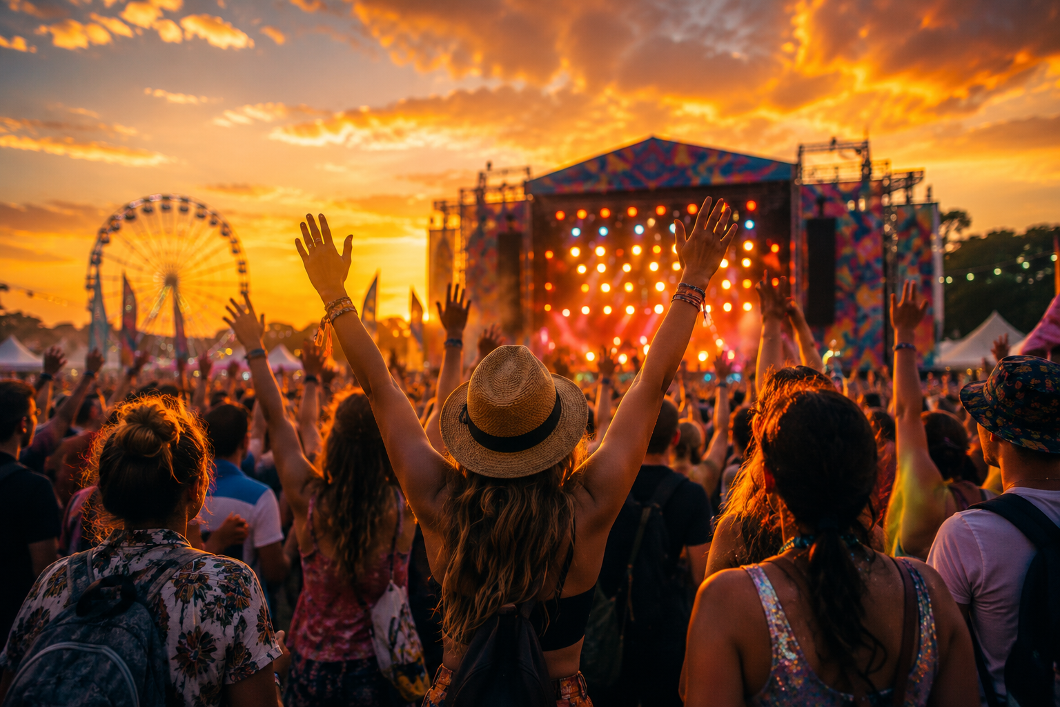 Festivalbesucher feiern bei Sonnenuntergang vor einer beleuchteten B&uuml;hne, w&auml;hrend im Hintergrund ein Riesenrad und zahlreiche erhobene H&auml;nde zu sehen sind.