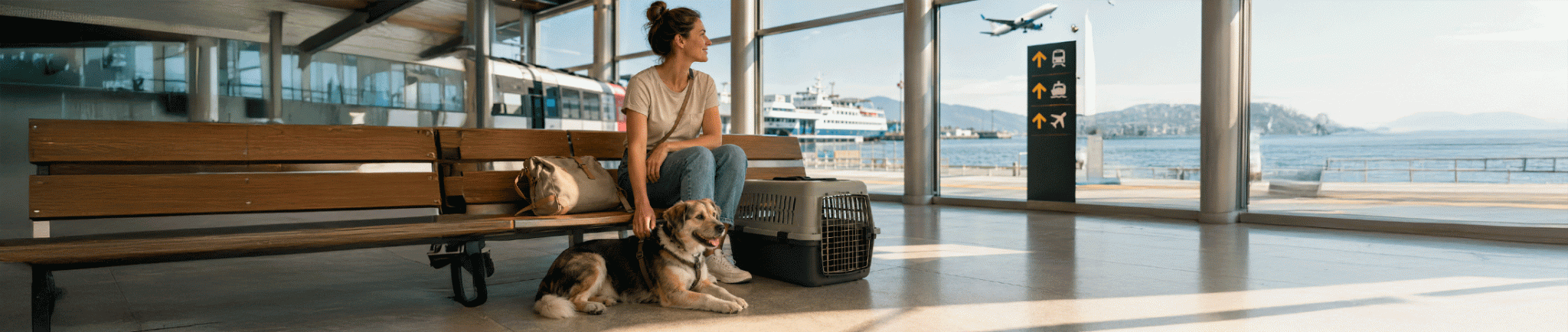 Frau sitzt mit Hund und Transportbox in einem hellen Terminal, während im Hintergrund Zug, Fähre und Flugzeug zu sehen sind.