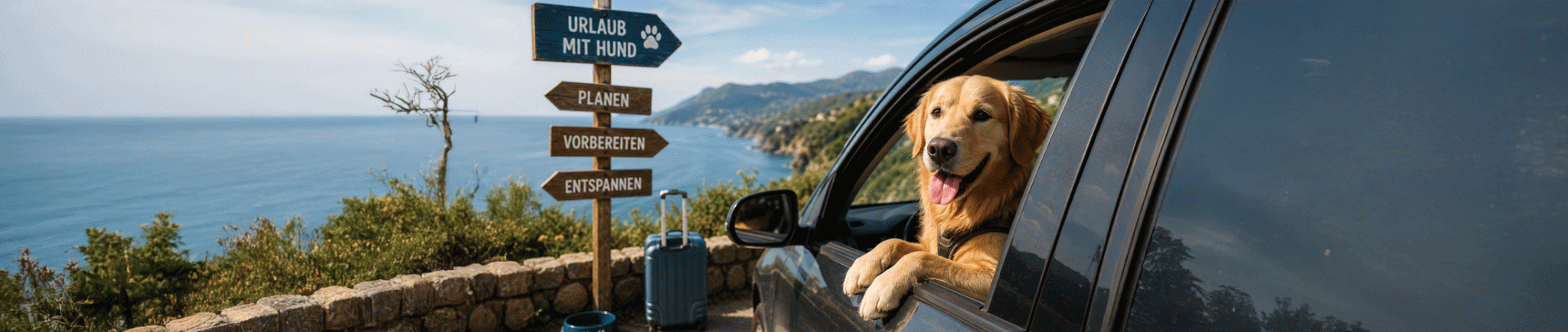 Hund schaut während einer Reise mit dem Auto aus dem Fenster an einer sonnigen Küstenstraße.