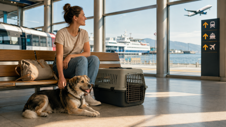 Frau sitzt mit Hund und Transportbox in einem hellen Terminal, während im Hintergrund Zug, Fähre und Flugzeug zu sehen sind.