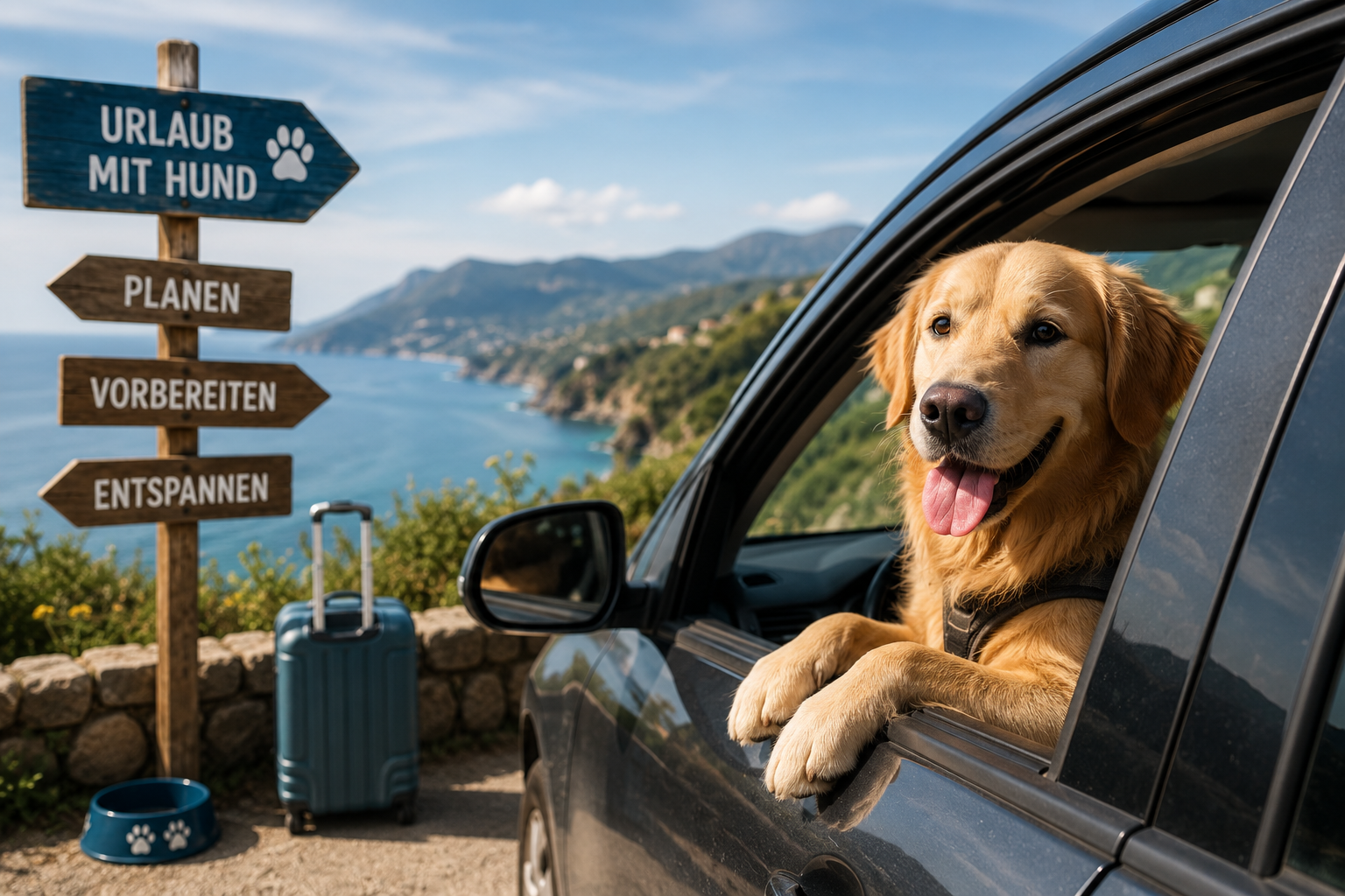 Hund schaut w&auml;hrend einer Reise mit dem Auto aus dem Fenster an einer sonnigen K&uuml;stenstra&szlig;e.